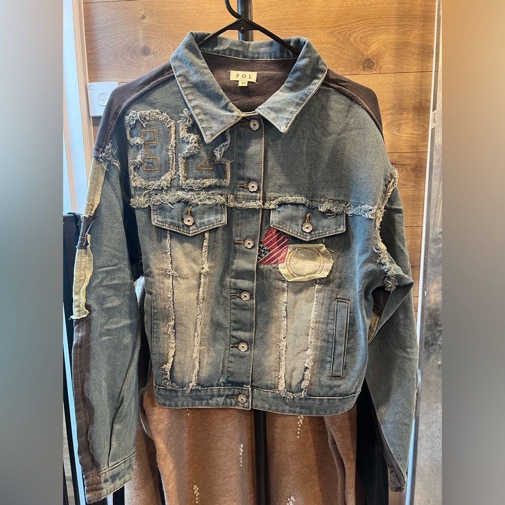 POLS Distressed Patchwork Denim Jacket Mixed Media Vintage Varsity Style NWOT